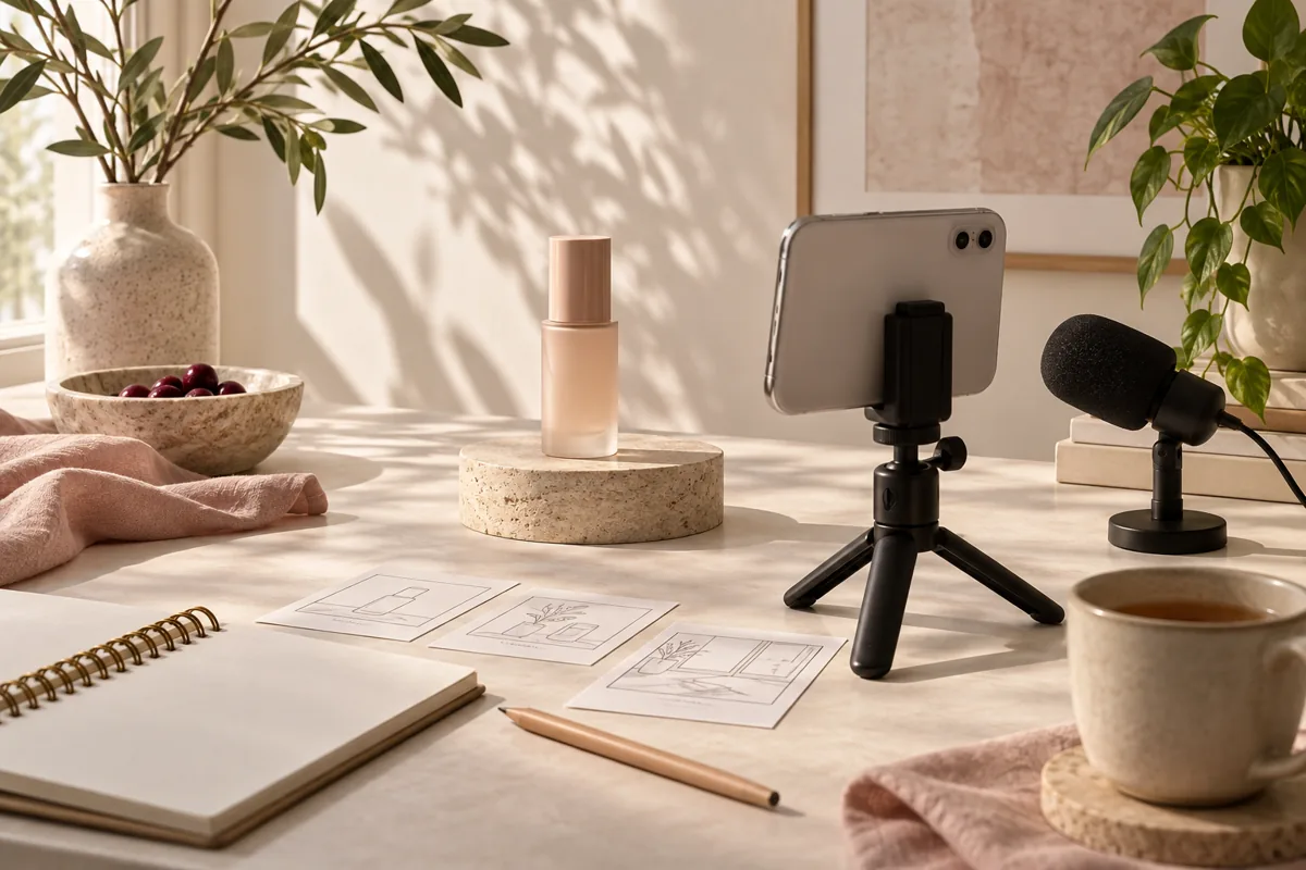 Illustration of a phone on a stand filming an unlabelled bottle