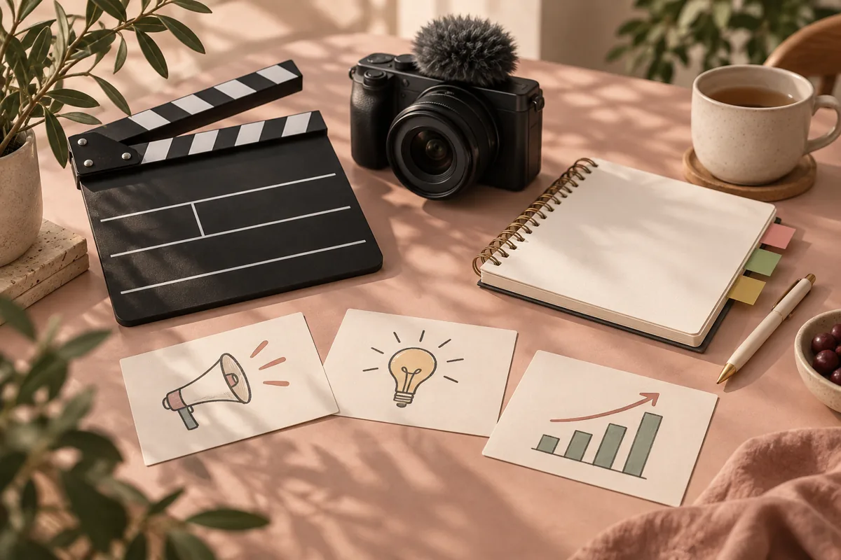 Illustration of a camera, film slate, and cards for planning a video