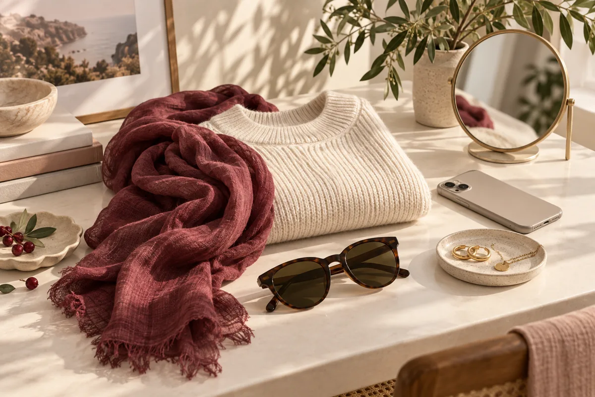 Illustration of a cream knit, scarf, and accessories arranged for a style post